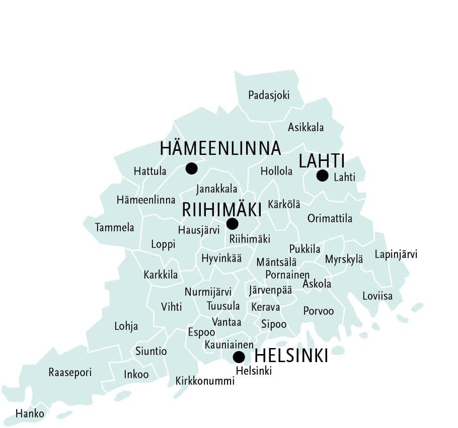 Kartta, jossa Essyn toiminta-alueen kunnat.